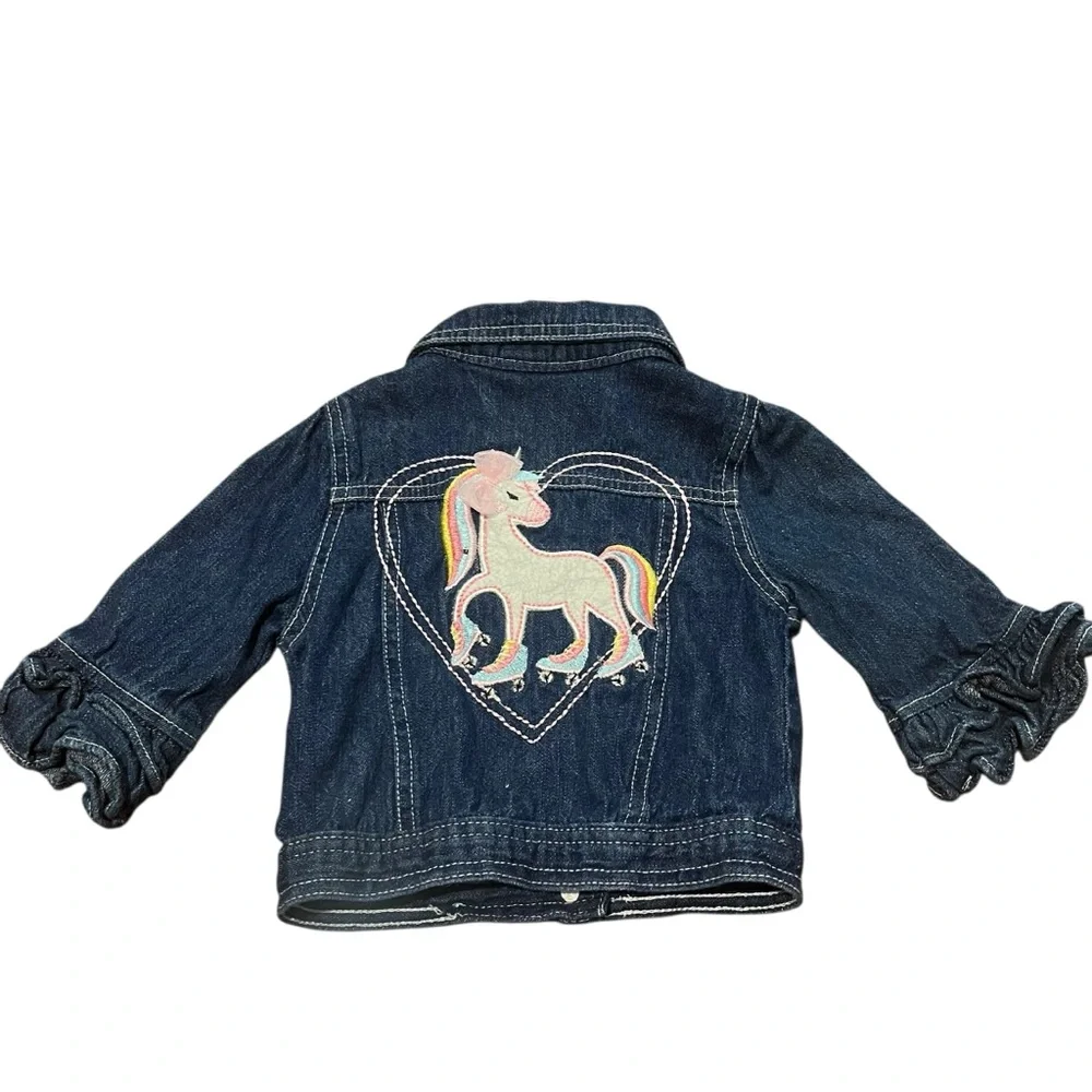 Nannette Kids Girl's‎ 3T Denim Jacket Button Up Ruffle Sleeve Unicorn Hearts